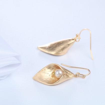 Calla Lily Earrings In Matte Gold, Swarovski Cream..