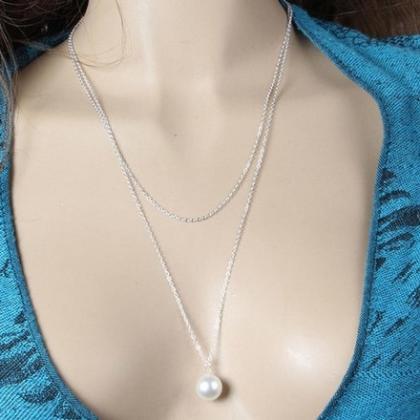 Layering Silver Chain Pearl Pendant Necklace