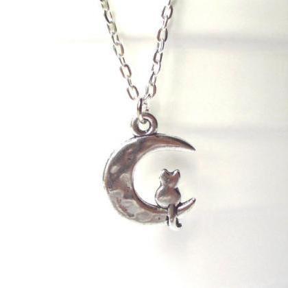 Cat And Moon Necklace - Moon Cat Charm - Cat..