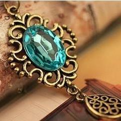 Hollow Retro Blue Gem Drop Long Necklace on Luulla