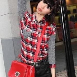 Individual Cell Block Knit Sleeve Blouse Red Women..