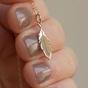 Feather Necklace - Gold Feather Charm . 14k..