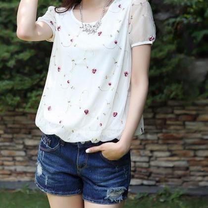 Chiffon Flower Embroidery Floral Mesh Blouse