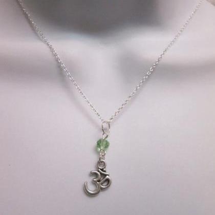 Ohm Om Charm Green Crystal Sterling Silver Filled..