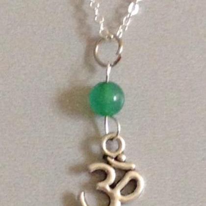 Ohm Om Charm Green Jade Sterling Silver Filled..