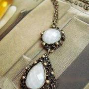  Vintage Bronze Retro Palace Drop White Stone Gem Long Necklace 