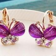 Purple Crystal Butterfly Gold Plated Dangle Earrings, Free Shipping!