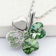 Olive Green Swarovski Crystal Lucky Four Leaf Clover Pendant Necklace