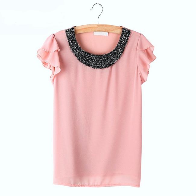 Size M, Pink Women Loose Chiffon Casual Beading Pullover Shirt Top