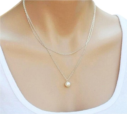 Layering Silver Chain Pearl Pendant Necklace