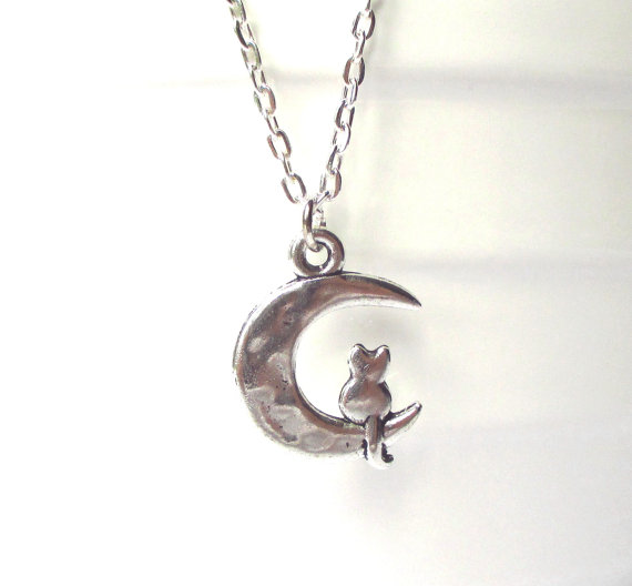 Cat And Moon Necklace - Moon Cat Charm - Cat Necklace - Cat Lovers Gift - Moon Necklace - Cat Sitting On The Moon Charm Necklace