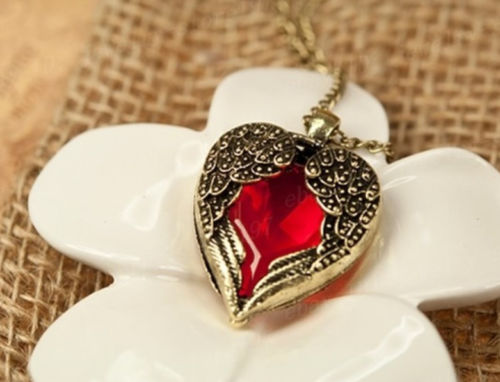Vintage Red Rhinestone Heart Angel Wing Pendant Necklace