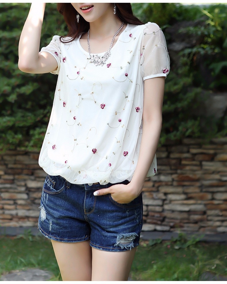 Chiffon Flower Embroidery Floral Mesh Blouse