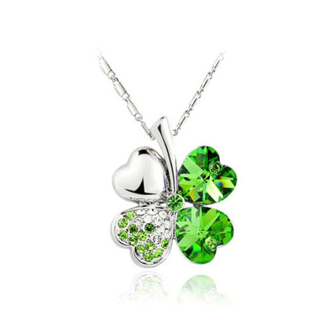 18k Gp Swarovski Crystal Peach Heart Four Leaf Clover Pendant Necklace
