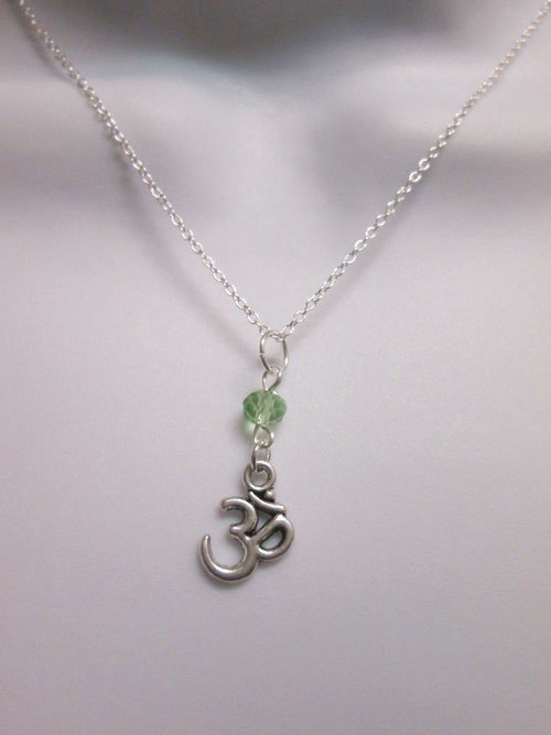 Ohm Om Charm Green Crystal Sterling Silver Filled Necklace, Yoga Namaste Peace.