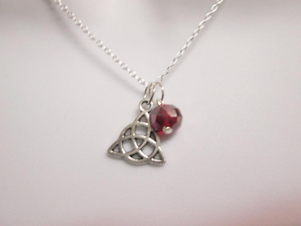 Celtic Knot Red Crystal Sterling Silver Filled Necklace, Wicca Pagan Amulet