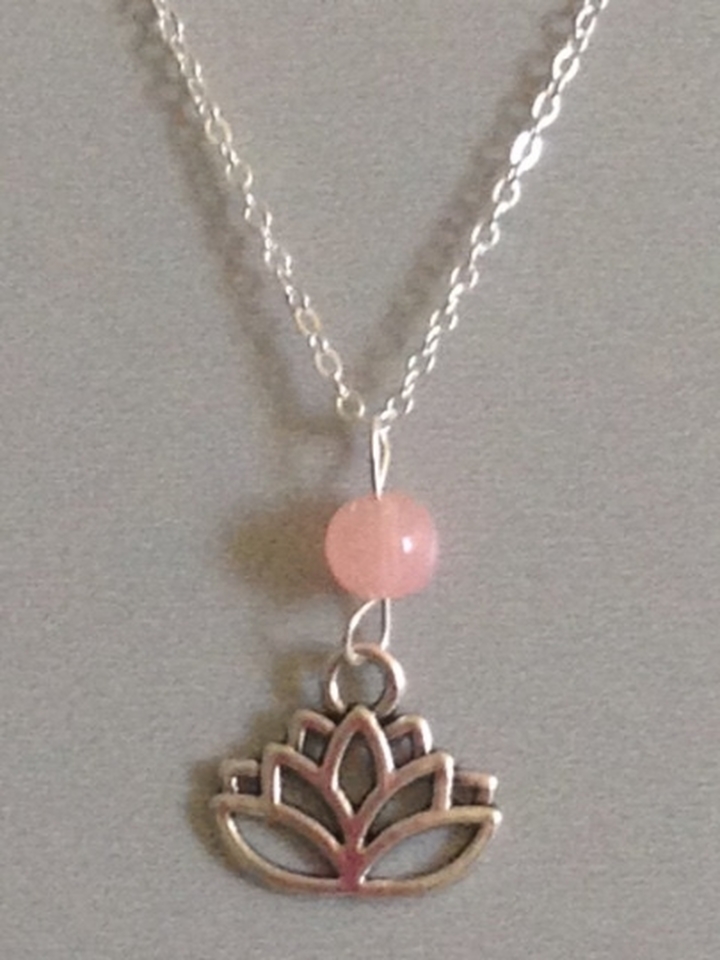 Lotus Flower Rose Quartz Sterling Silver Filled Necklace, Ohm Om Yoga Namaste.