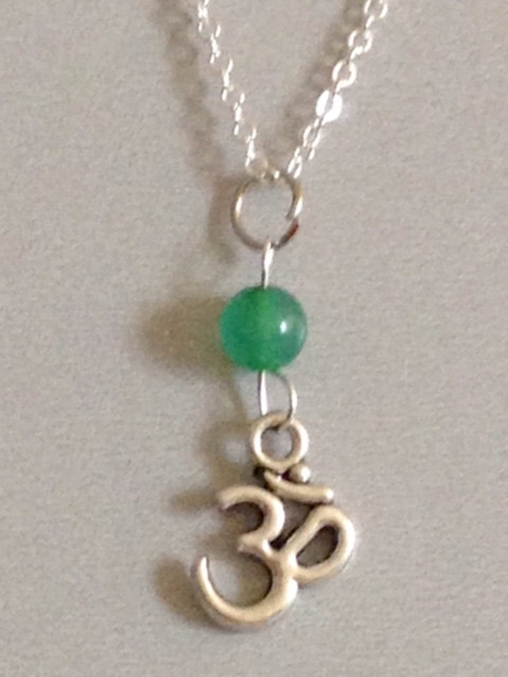 Ohm Om Charm Green Jade Sterling Silver Filled Necklace, Yoga Namaste Peace.