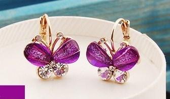 Purple Crystal Butterfly Gold Plated Dangle Earrings.