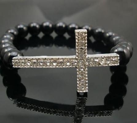 Simple Black Pearl Bracelet With Crystal Cross