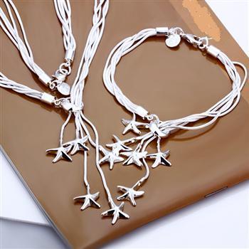 Gorgeous .925 Sterling Silver Plated Dangling Starfish Necklace + Bracelet Set,