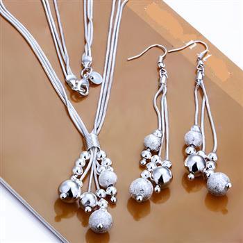 Gorgeous .925 Sterling Silver Plated Dangling Bead Necklace + Earrings Set,