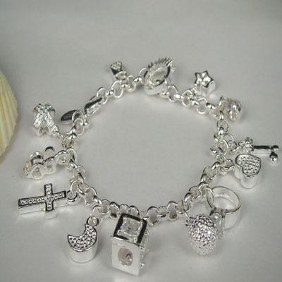 Sterling Silver Plated Star Moon Cross 13 Charms Chain Bracelet