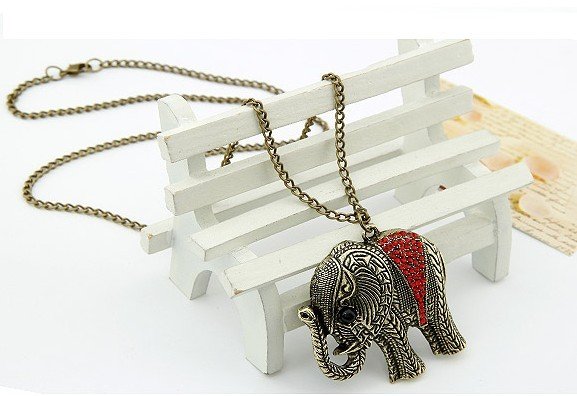 Retro Vintage Bronze Red Rhinestone Lucky Elephant Pendant Necklace