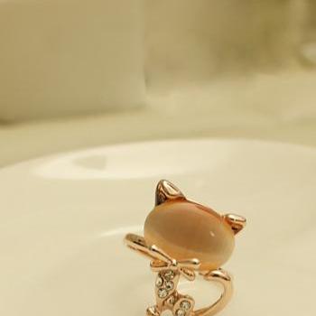  Lovely Cute Sweet Gem Stone crystal Rhinestone Little Cat Animal Adjustable Ring
